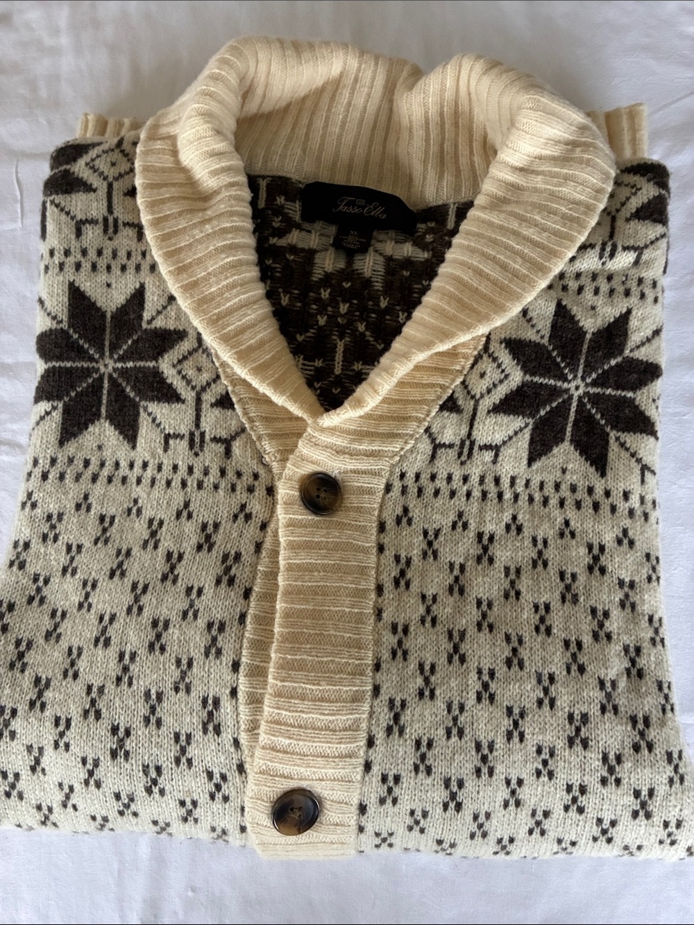Vintage Tasso Elba Cream & Brown Fair Isle Shawl-Collar Cardigan